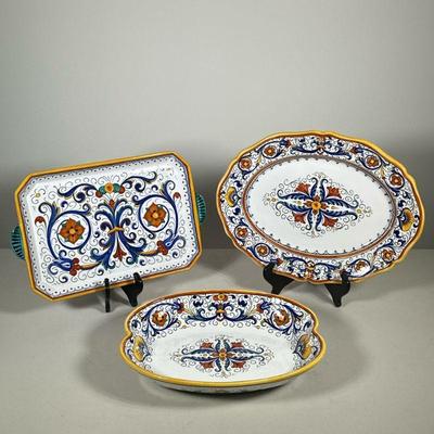 GRAZIA DERUTA ITALIAN CERAMIC PLATTERS | Including: large serving bowl, rimmed platter, and rectangular platter with colorful glaze,...