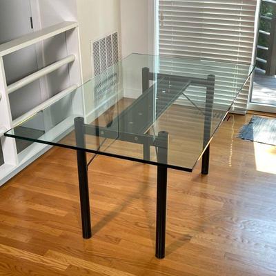GLASS DINING TABLE | Rectangular glass dining table with 4 post metal frame. - l. 60 x w. 36 x h. 29.25 in

