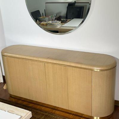 CURVED WOOD SIDEBOARD | Having rounded edges with linen wrapping, 2 two-door cabinets with 2 shelves, and silverware drawers. - l. 72 x...
