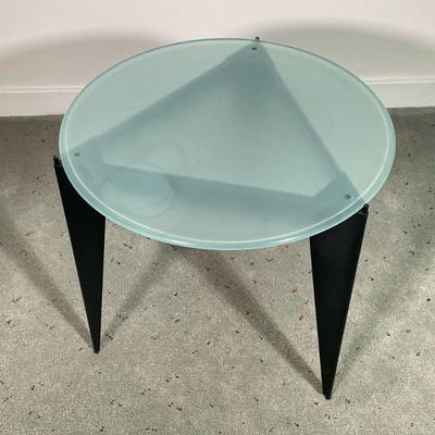 ROUND METAL & GLASS SIDE TABLE | Sand blasted round glass top with metal frame. - h. 17.75 x dia. 18.5 in

