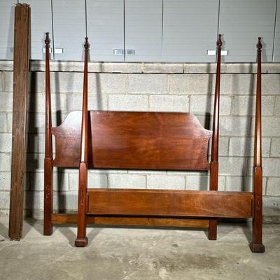4 POSTER QUEEN BED FRAME | Carved wood bed frame with carved 4 posts, headboard, and footboard. - l. 88 x w. 64 x h. 74 in


