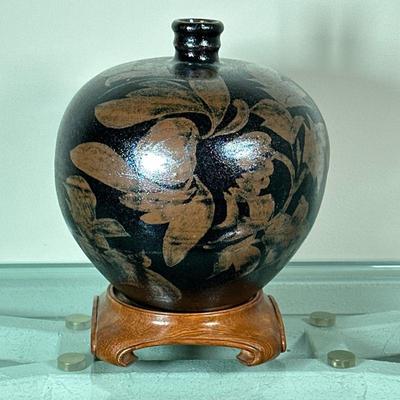 GLAZED VASE | Black glazed vase with floral & fauna designs. - h. 8 x dia. 6.5 in

