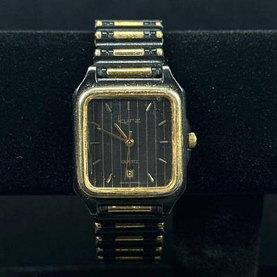 VINTAGE KURZ MENS WRISTWATCH | Kurz stainless steel men’s wristwatch with black & gold striped dial, black& gold toned band, and...