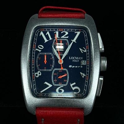 LOCMAN ITALY SPORT MENS WRISTWATCH | Locman Italy Sport Quartz Chronograph wristwatch with blue face, aluminum case, and red leather...