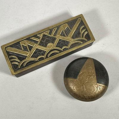 BRASS ART WARE | Including: decorative brass box and round floral decorated brass art ware. - l. 11.25 x w. 4.25 x h. 2 in

