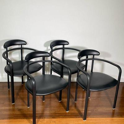 (4PC) LOEWENSTEIN CURVED METAL DINING CHAIRS | Having curved metal frame with black cushioned back and seat. - l. 22 x w. 19.5 x h. 31 in

