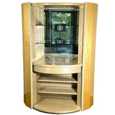 GIORGIO COLLECTION ROUND BAR CABINET | Having paneled sliding doors that reveal 2 glass shelves over round wooden drawer over 3 shelf...