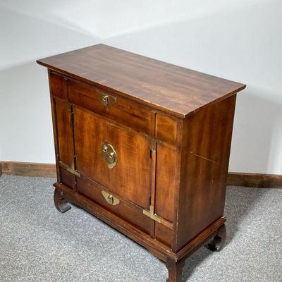 SMALL WOOD CABINET | Having full-width drawer over double door cabinet over full-width drawer with brass pulls. - l. 30 x w. 14 x h. 29.5...