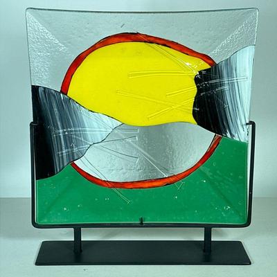 ART GLASS PLATTER | Colorful art glass platter depicting sunrise over a lake with hills in metal frame. - l. 16 x w. 4 x h. 18.5 in.

