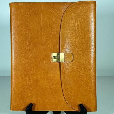 LEATHER DOCUMENT FOLDER | Having 3 pockets for documents, card holders, pen holder, and notepad holder with brass hardware. - l. 12.5 x...