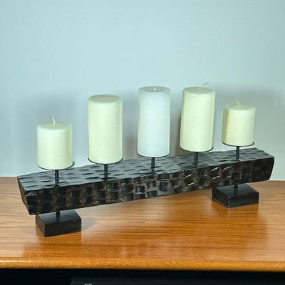 CARVED WOOD CANDLEHOLDER | Rectangular carved wood candle holder with 5 pillar candles. - l. 25 x w. 4.75 x h. 6.5 in


