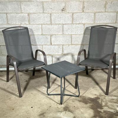 (3PC) PAIR PATIO CHAIRS & TABLE | Metal patio chairs with cloth seat and small metal square table. - l. 25 x w. 21.5 x h. 37 in

