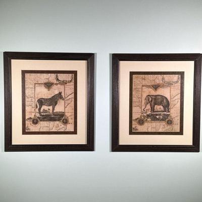 JOYCE COMBS ELEPHANT PRINTS | Showing elephant and zebra with map of Africa in background. 12 x 10 in. sight. Titled & Described on...