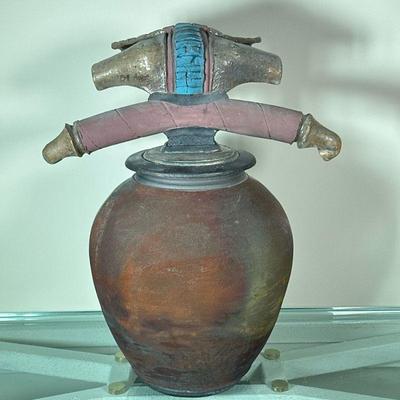 ART POTTERY VASE | Glazed art pottery-lidded vase. - h. 15 x dia. 12 in

