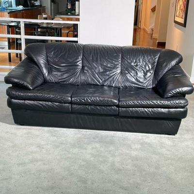 MAURICE VILLENCYBLACK LEATHER 3-CUSHION SOFA | Maurice Villency 3 cushion black leather sofa. - l. 82 x w. 34 x h. 33 in

