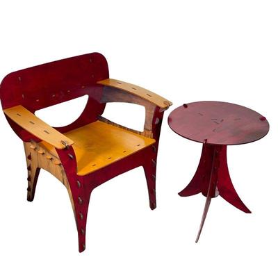 (2PC) DAVID KAWECKI PUZZLE CHAIR & TABLE | Painted wood puzzle chair and round side table designed by David Kawecki. - l. 30 x w. 20...
