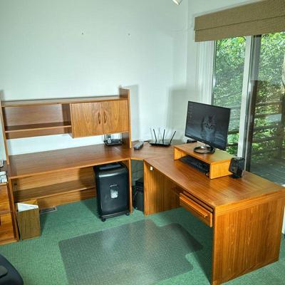 TEAK CORNER DESK | Large corner desk with small drawer, lower shelf, and removable bookshelf & cabinet. - l. 79 x w. 27.5 x h. 52.5 in

