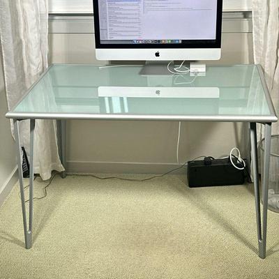 ALUMINUM & GLASS DESK | Sandblasted glass top table with aluminum frame. - l. 46 x w. 30.75 x h. 28.5 in

