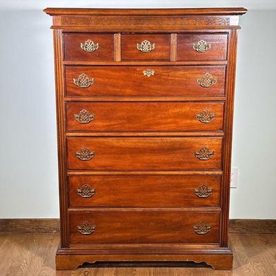 CHEST OF DRAWERS | Large chest of drawers with carved wood sides and 6 full-width drawers. - l. 38.25 x w. 19.25 x h. 54 in

