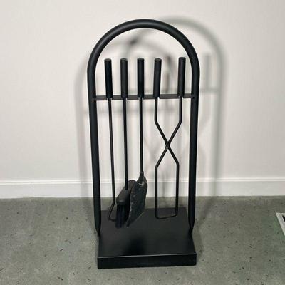 MODERNIST FIREPLACE TOOLS & HOLDER | Including: poker, broom & shovel and fire tongs in rounded holder. - l. 13 x w. 10.25 x h....