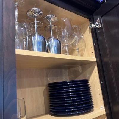 dishes, wine glasses,