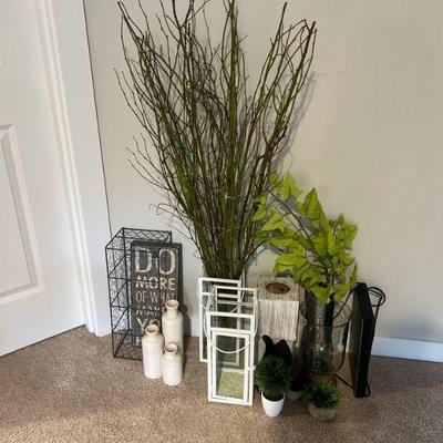 Wood sign, candle holders, decorative plants