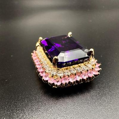 Amethyst, diamonds and pink sapphires pendant on 14k gold setting