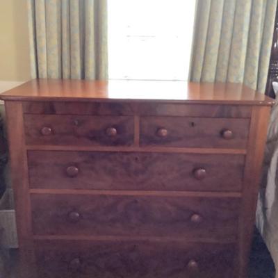 $695-Burl wood chest of drawers, 5 drawers, key 40”H 42”L 20”depth
