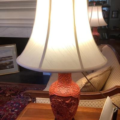 $155 each - Carved Cinnabar Asian Lamps Red Laquerware wooden stands 