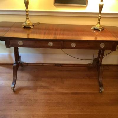 $995- Regency Mahogany Sofa Table or Desk, drop leaf sides, 28"H 49"L to 72"L 25"depth 