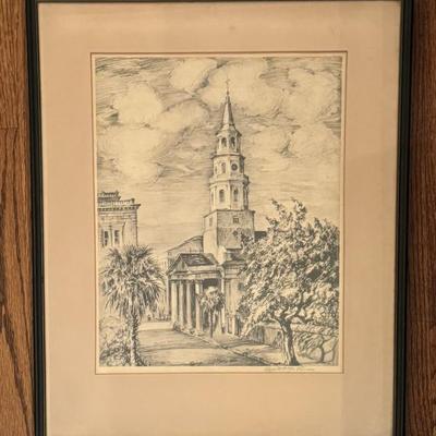 $65 Vintage print of St. Michael's Church, signed by the artist Elizabeth O’Neill Verner. Framed 21” x 17” 