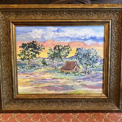 $75 Original Impressionistic Painting of a Cottage and Field. Find a signature by the artist in the lower right hand corner. Framed. 17”...