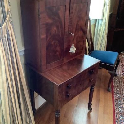 $795-Plantation desk 2 piece on casters, 2 door, 2 drawer, velvet lined 56"H 25"L 19"depth