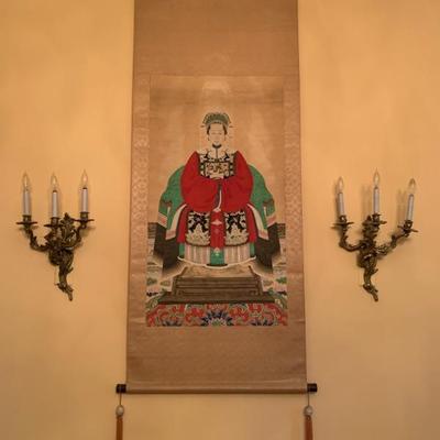 $795 Female Chinese Ancestor Painting on Rice Paper and Silk. Mounted on Hanging Bars. 72” x 30”.