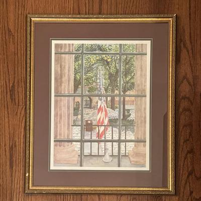 $85 Original Watercolor Painting of a College of Charleston Scene. Signed by the artist. Framed 27” x 22”. 