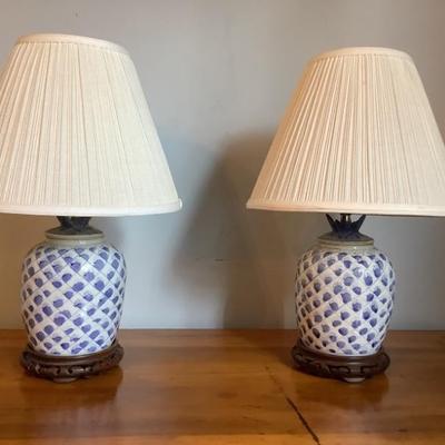 $120 pair-blue & white lamps 19”H 6”diameter
