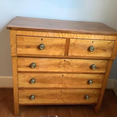 $895-Tiger and Birdseye maple chest of 5 drawers, brass handles, dovetail, 43”H 43”L 22”depth