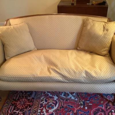 $395-Sheraton trimmed in gimp settee down filled 33"H 54"L 30"depth