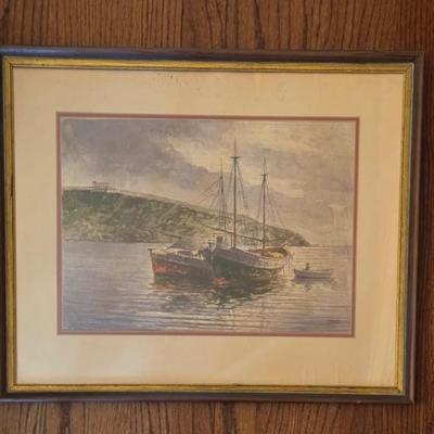 $125 Vintage Original Mediterranean Watercolor Painting of Sailboats. Signed in the lower left corner. Custom framed 18” x 22”. 