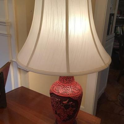 $155 each - Carved Cinnabar Asian Lamps Red Laquerware wooden stands 