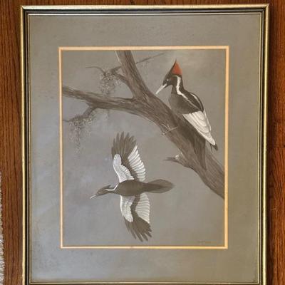 $125 vintage Original Painting of Woodpeckers by Wildlife Artist Fred Wetzel. Custom Framed 27” x 23”. 