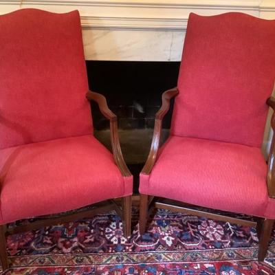 $195 pair- Cinnebar Highback Fabric Arm Chairs 42”H 26”L 18”depth