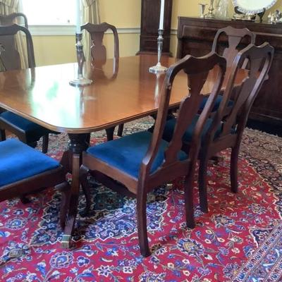 $1295 for all- Baker Furniture Reproduction, Dining Table with leaf and 6 chairs with blue velvet seats (more chairs available that are...