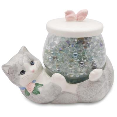 Treasure Craft Ceramic Cat w/ Glass Fish Bowl