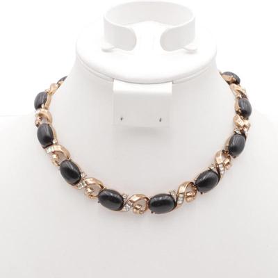 Trifari Gold Plated Onyx & Cubic Zirconium Necklace