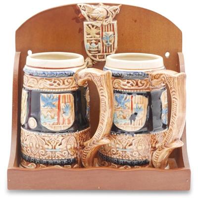 Enesco Imports Set of 2 Ceramic Steins w/Wooden Wall Display Shelf