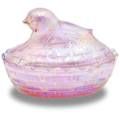 Fenton Iridescent Pink Carnival Glass Chick Candy Dish