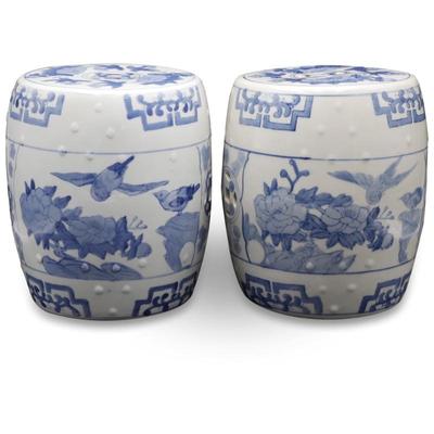 Set Of 2 Chinese Blue & White Mini Ceramic Garden Stools