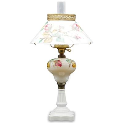 Vintage Electric Hand-Painted Milk Glass Hurricane Parlor Lamp