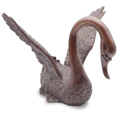 Large Solid Patinated Bronze Swan Sculpture